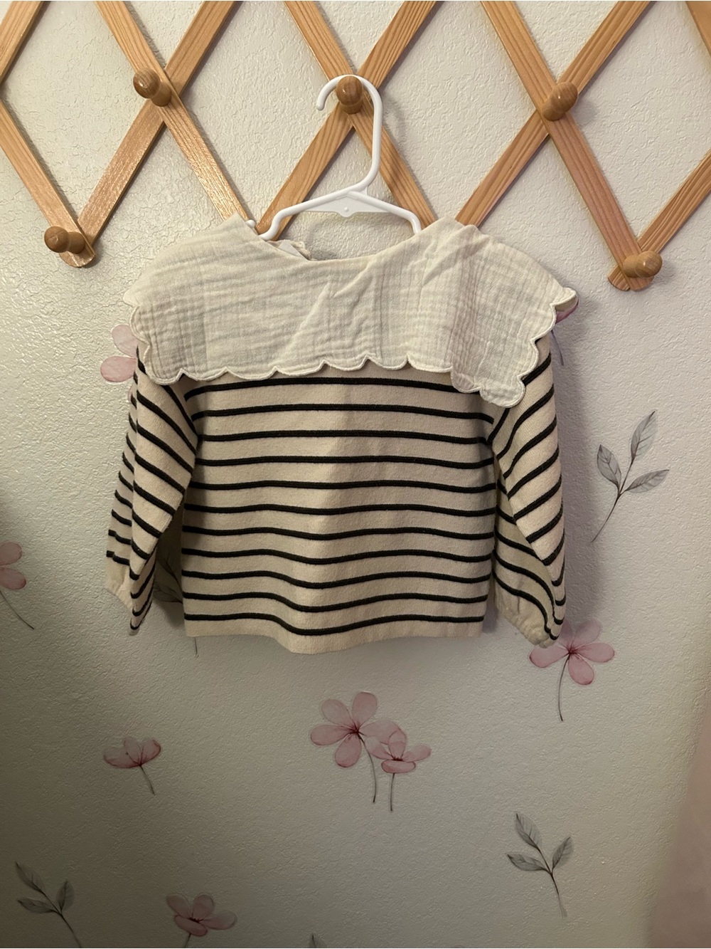 Zara Cream Sweater with Black Stripes and Scalloped Collar